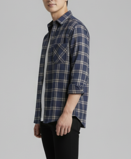 Dark Navy & Beige Premium Check Shirt – S to XXL (Soft Flannel Look • Overshirt Style)