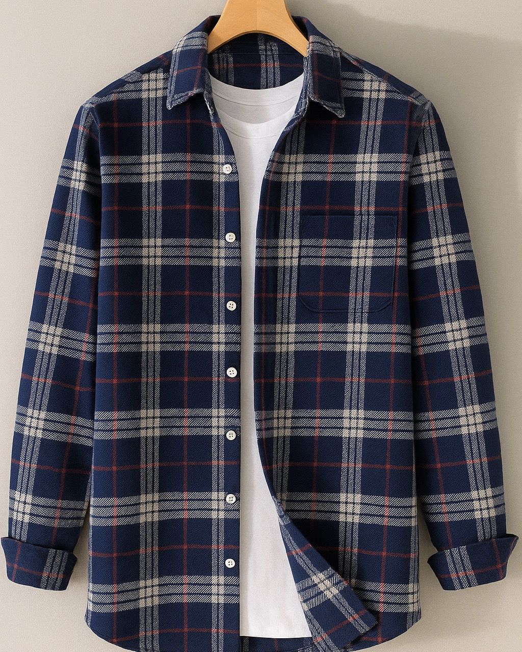 Navy & White Check Flannel Shirt (Red Pinstripe)
