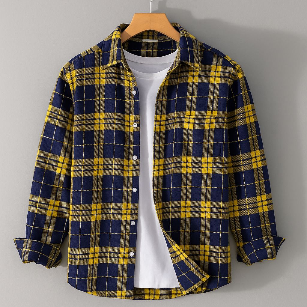 Navy Blue & Yellow Premium Check Shirt – S to XXL (Soft Flannel Look • Overshirt Style)